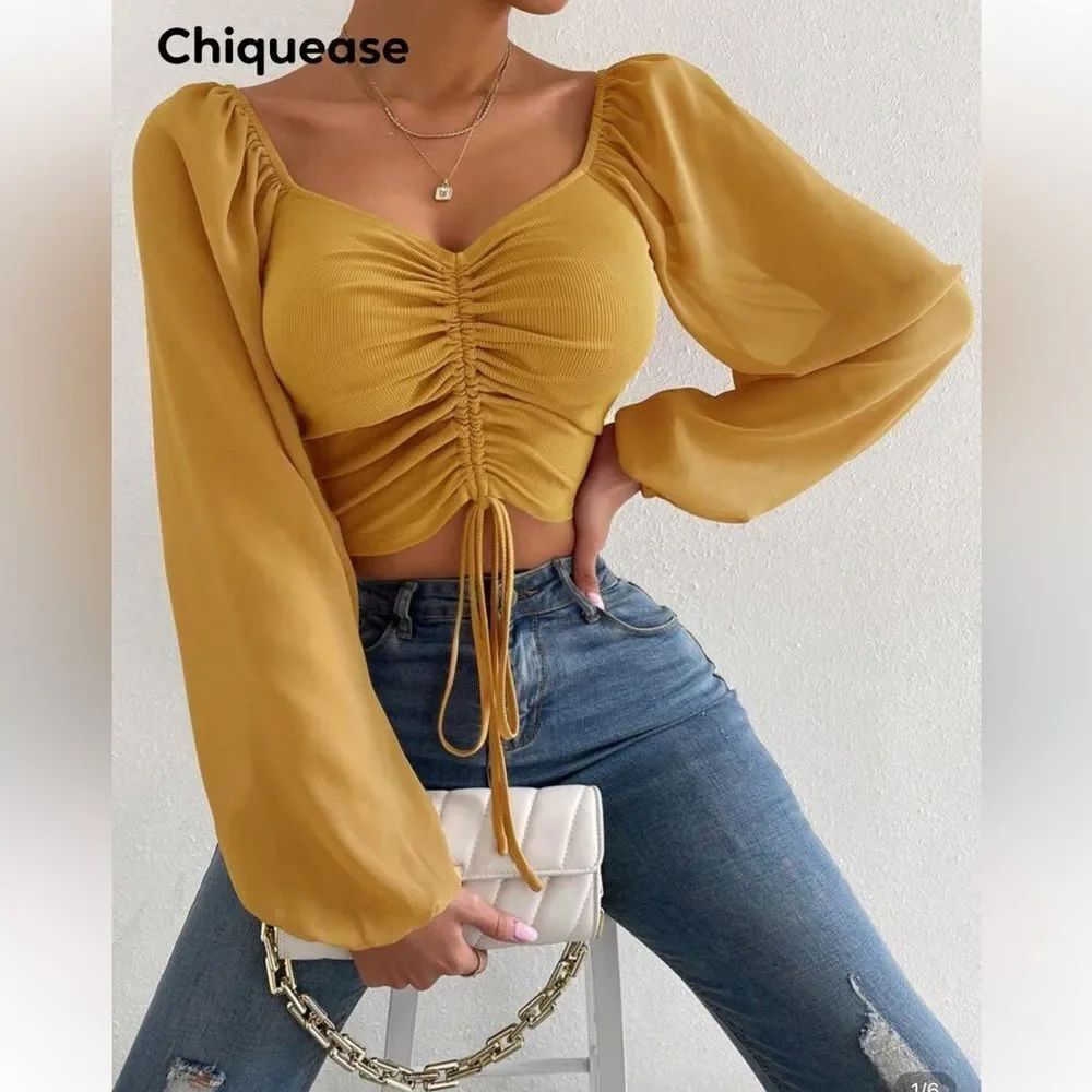 Mustard Yellow Ruched Crop Top